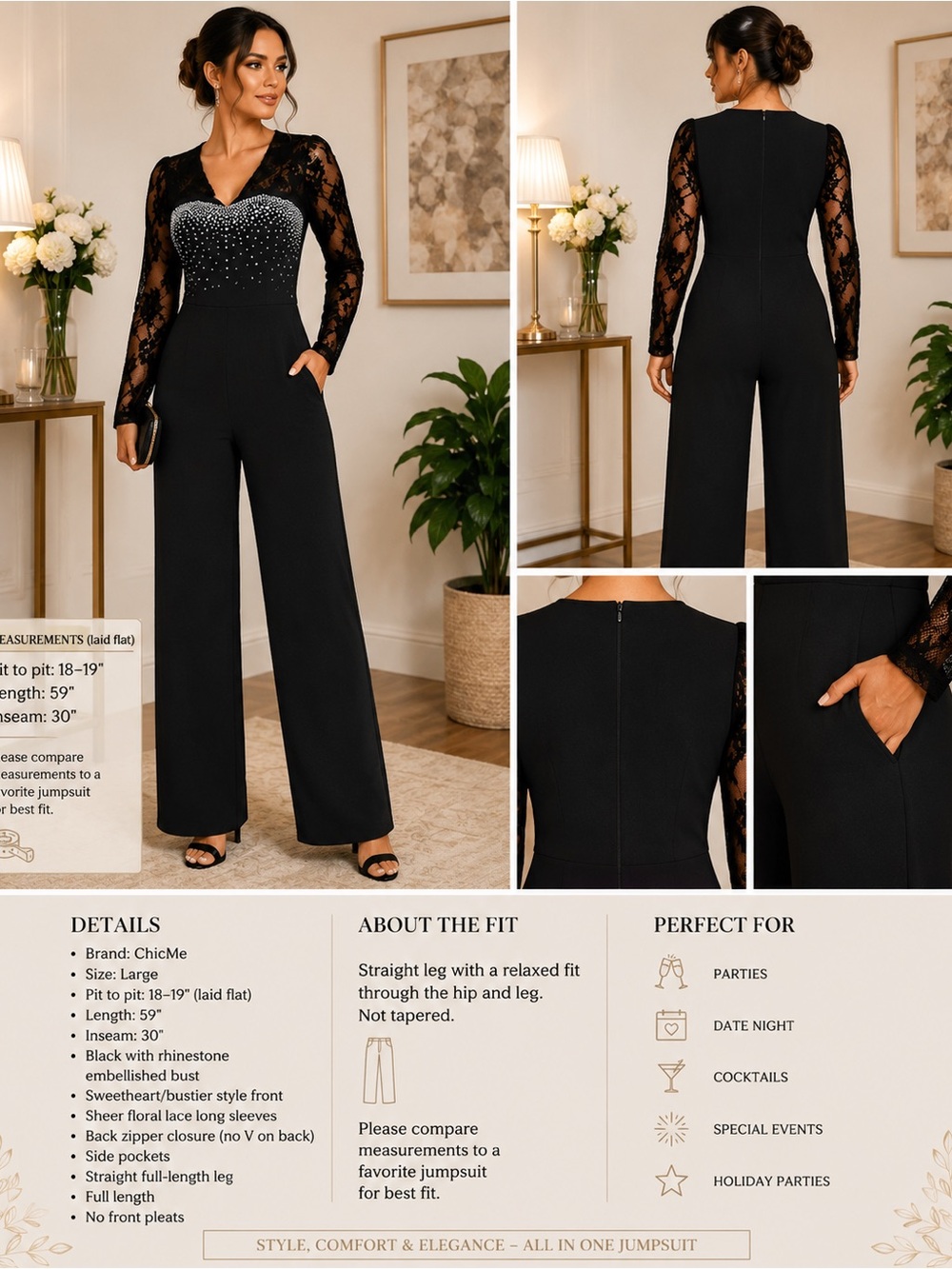 ✨ ChicMe Black Rhinestone Jumpsuit – Size Large – New Without Tags